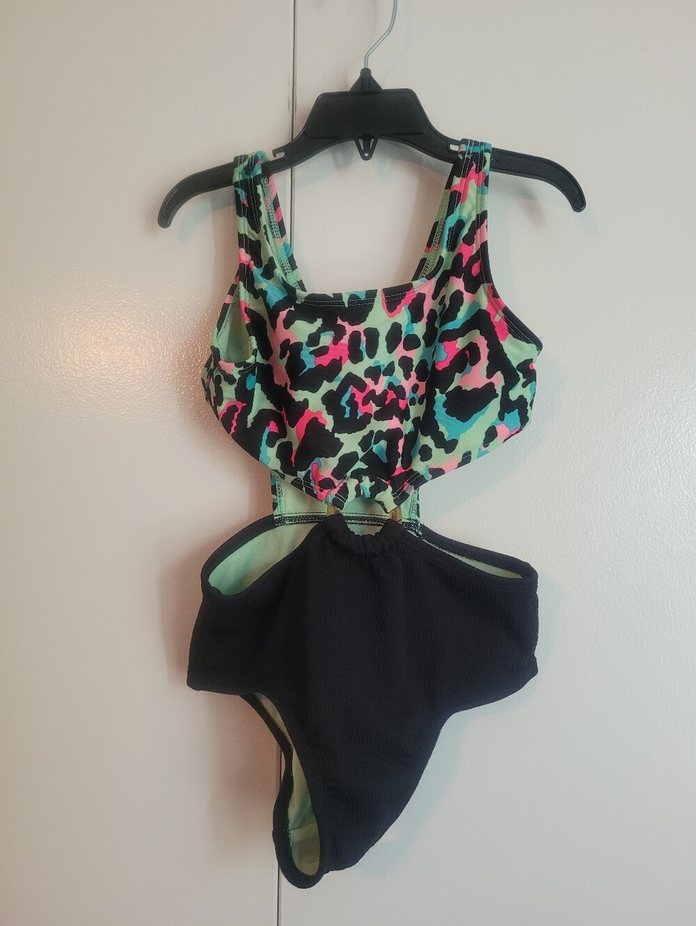 6/7 Girls Neon Leopard Print One-Piece Swimsuit - Black & Multi